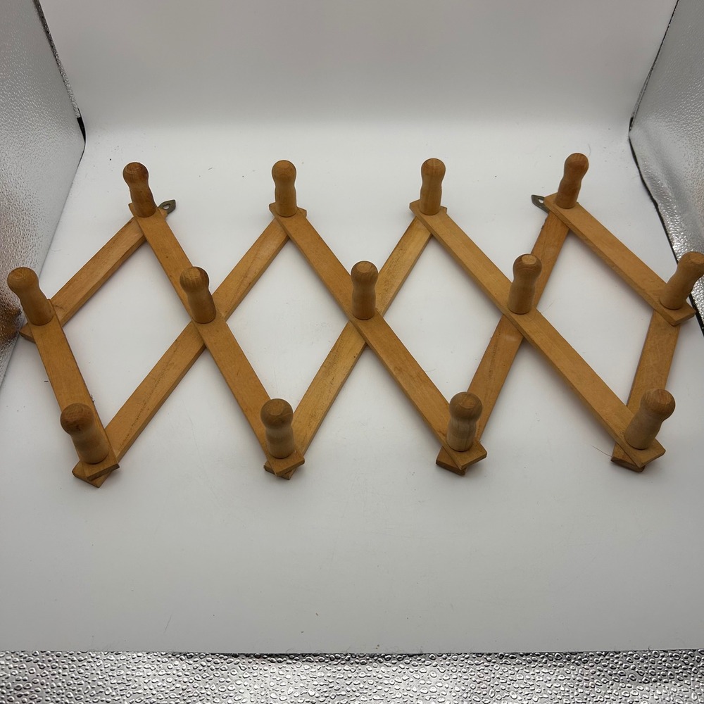 Vintage Wooden Accordion Wall Rack Expandable 13 Peg Hat Coat Mug Hanger Brown